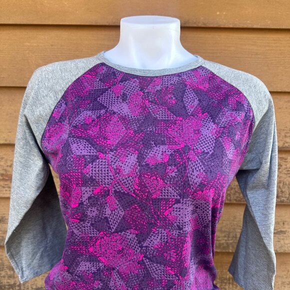 LuLaRoe Womens Raglan Sleeve Top S Purple & Gray Floral Print Stretchy Blend - Picture 5 of 9